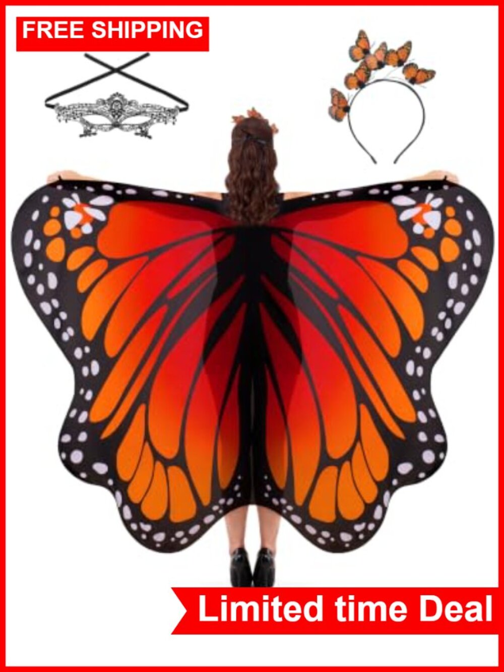 Women's Butterfly Wings Costume with Mask and Headband, Chiffon, Adult